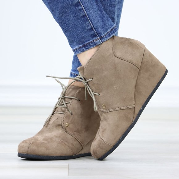 Taupe Faux Suede Round Toe Wedge Heel Lace Up Ankle Boots - Picture 8 of 12